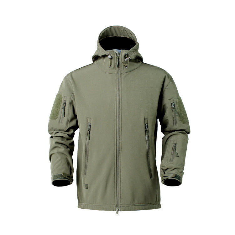 Tactical softshell jacket for men with numerous zipped pockets and an adjustable hood collar Lune London
