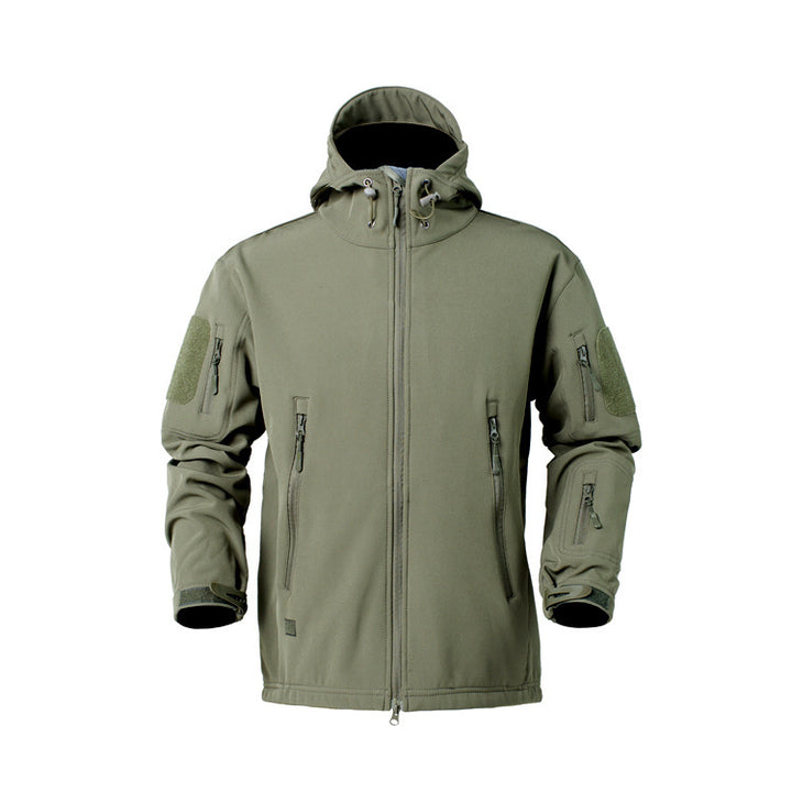 Tactical softshell jacket for men with numerous zipped pockets and an adjustable hood collar Lune London