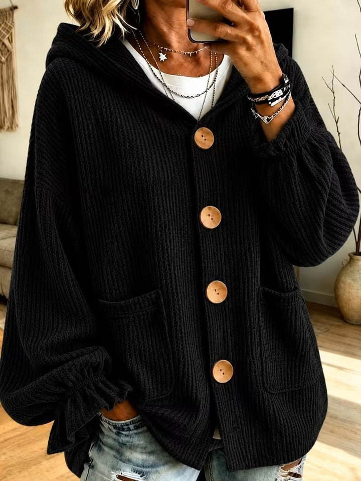 Women's Oversized Hooded Cardigan with Waffle Texture and Wooden Buttons Amarae