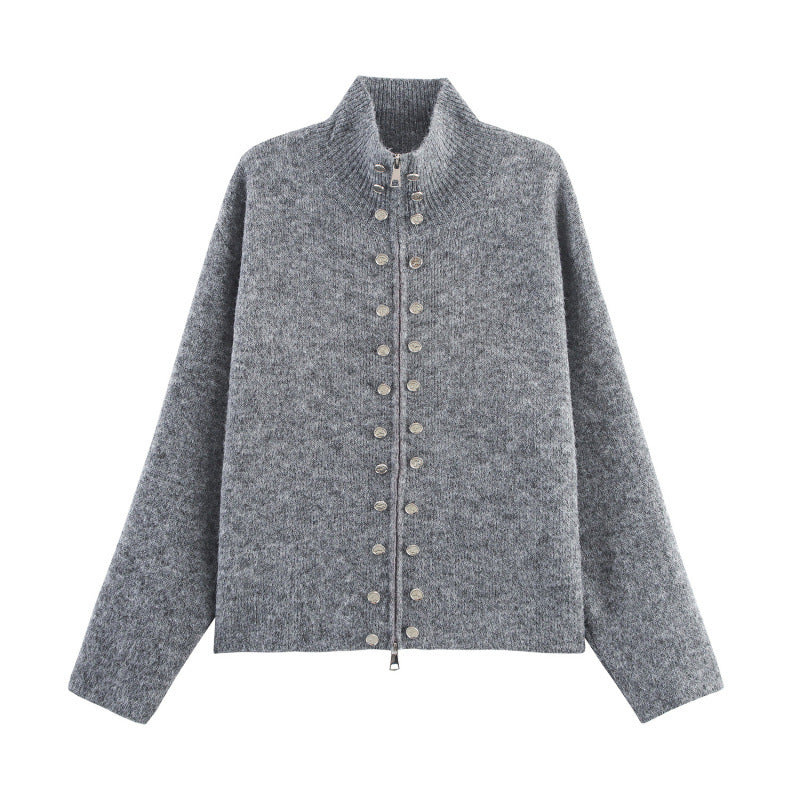 Trendy knitted sweater for women with elegant zip and decorative buttons Lune London