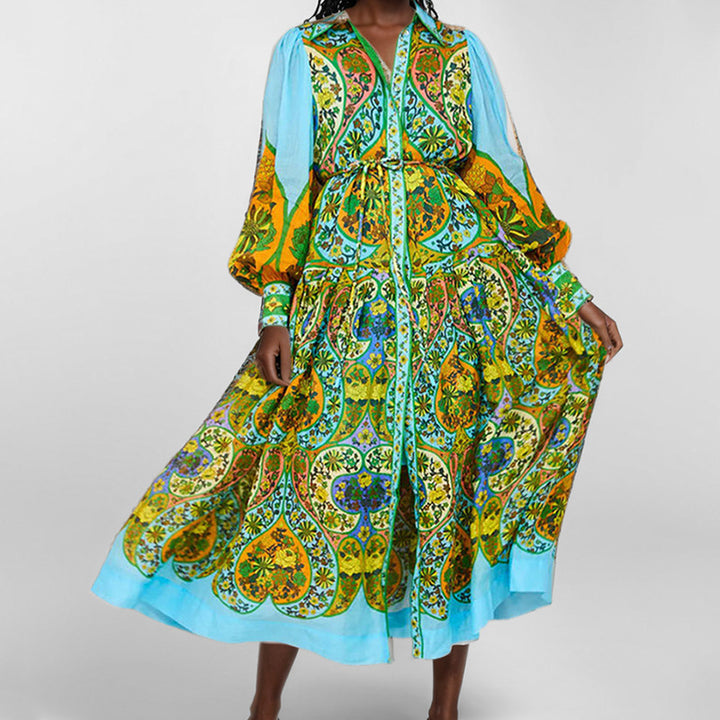 Robe chemise longue pour femmes avec des manches volumineuses et un motif paisley coloré Chic & Stil