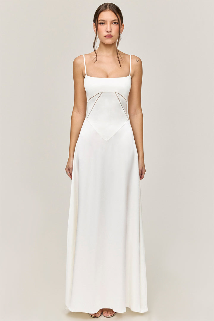 Women's Elegant Maxi Dress with Slim Spaghetti Straps and Flowing Satin Fall Lune London