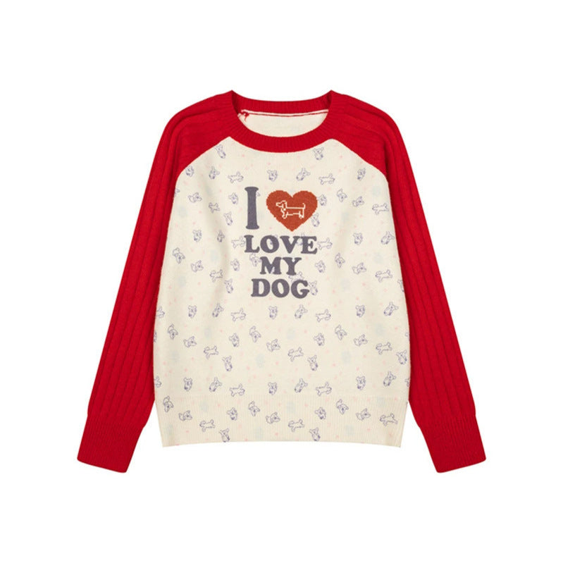 Women's knitted raglan sweater with heart dog motif, ribbed sleeves and all-over print Amarae