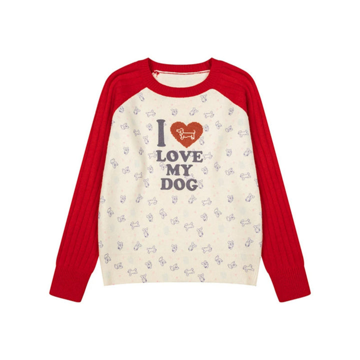 Women's knitted raglan sweater with heart dog motif, ribbed sleeves and all-over print Amarae