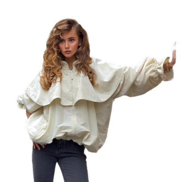 Women's Oversized Jacket with Cape Collar, Balloon Sleeves and Drawstring Amarae
