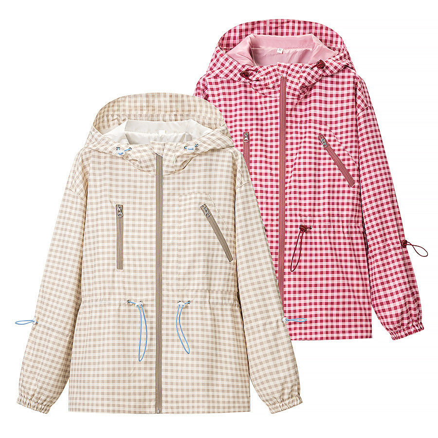 Women's Lightweight Checkered Hooded Jacket with Drawstring and Zipper Pockets Amarae