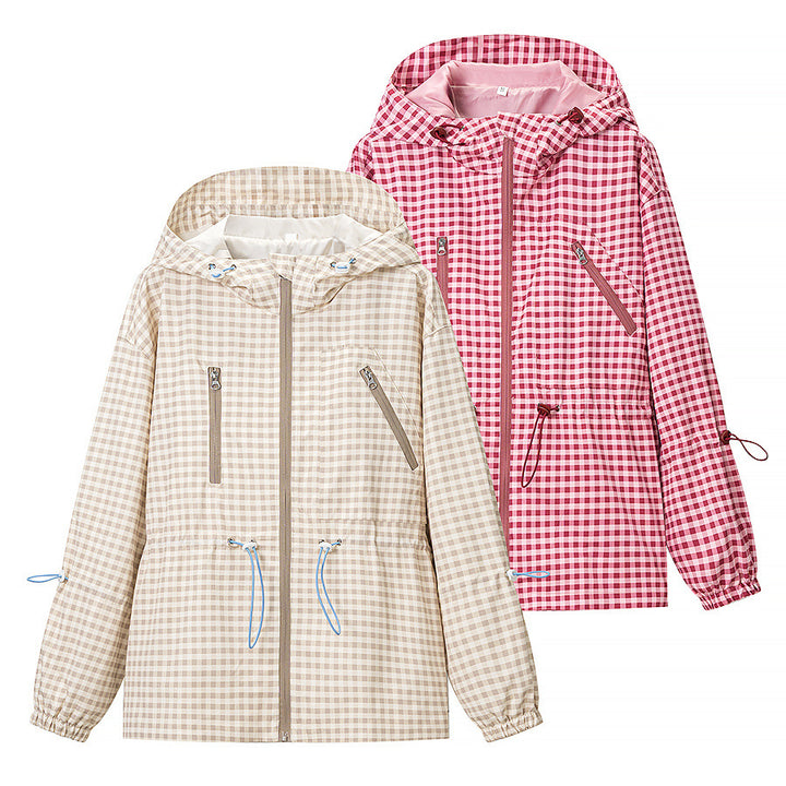 Women's Lightweight Checkered Hooded Jacket with Drawstring and Zipper Pockets Amarae