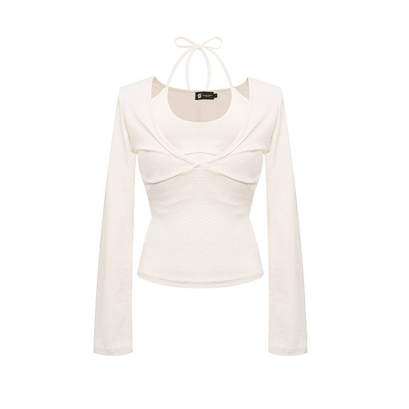 Women's long sleeve top with halter neck, wrap look and fitted cut Amarae