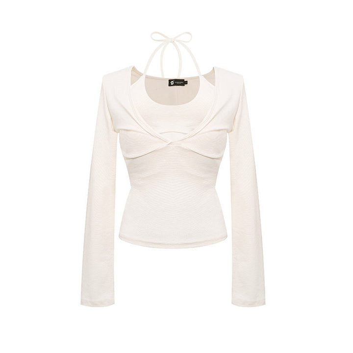Women's long sleeve top with halter neck, wrap look and fitted cut Amarae