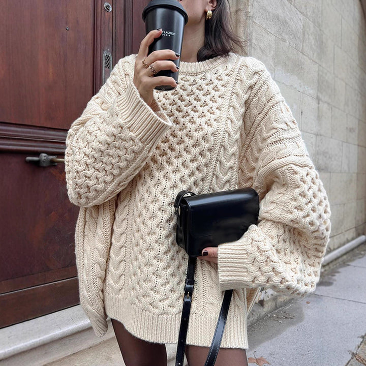 Women's Oversized Chunky Knit Sweater with Cable Knit Pattern and Wide Balloon Sleeves Amarae
