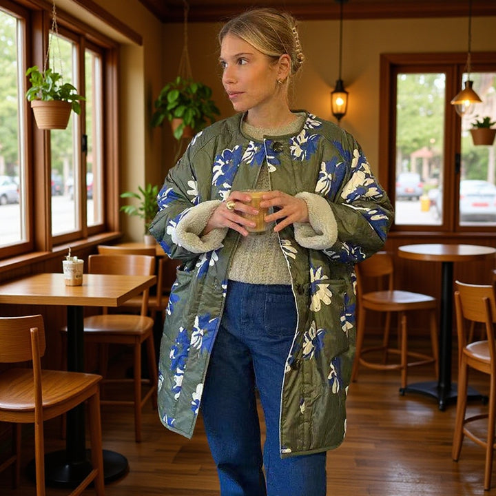 Women's Longline Quilted Coat with Floral Print, Teddy Lining and Oversized Silhouette Amarae