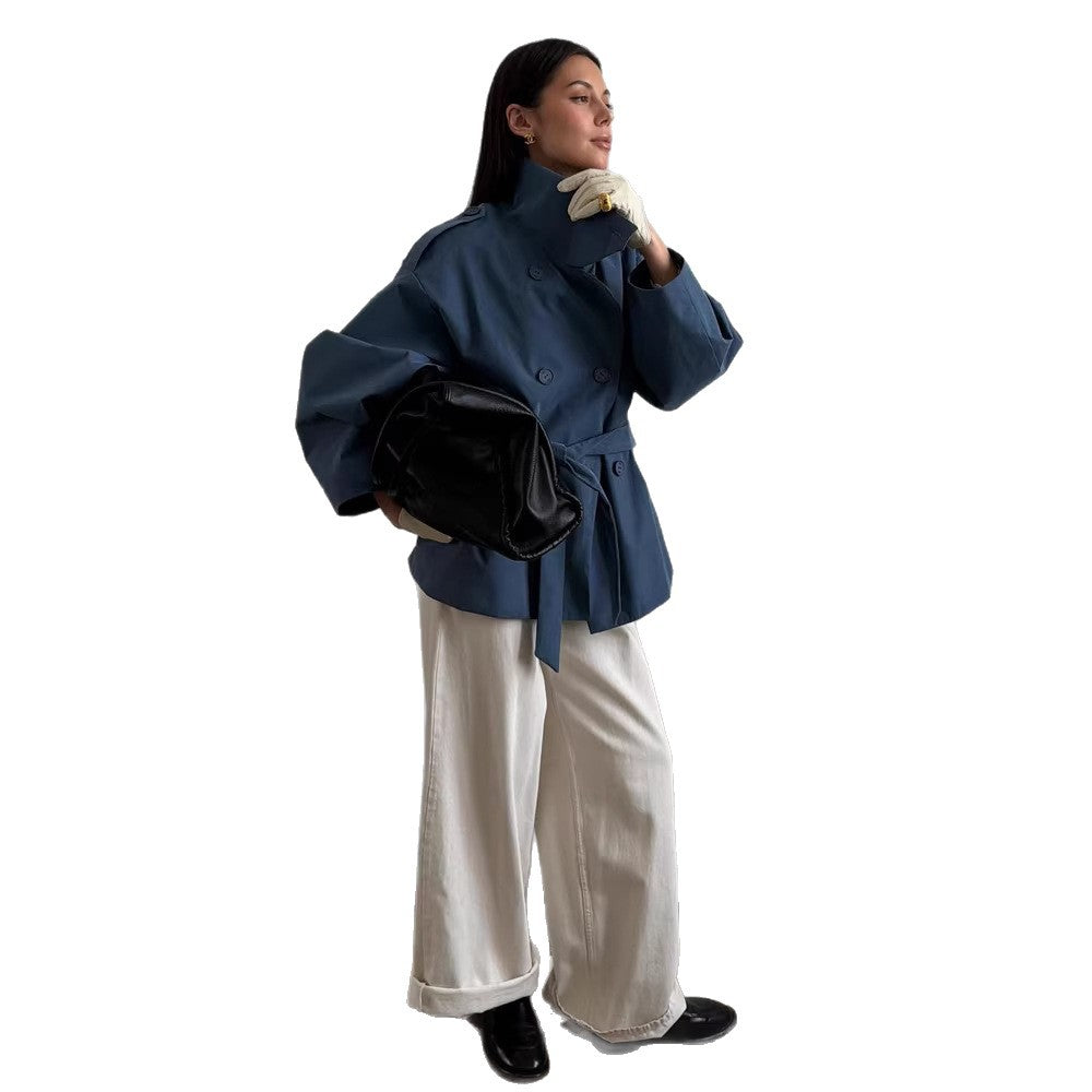 Women's Oversize Cropped Trench Coat with Wide Lapels and Tie Belt Amarae