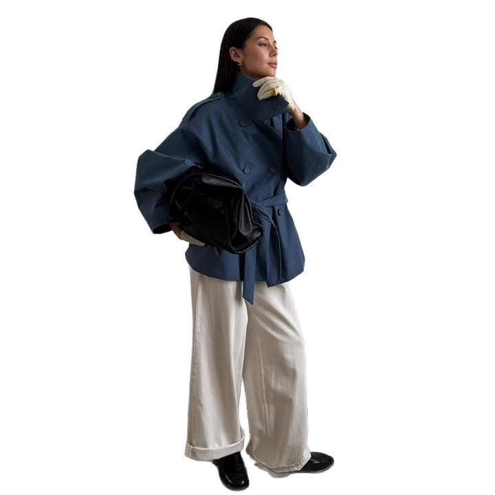 Women's Oversize Cropped Trench Coat with Wide Lapels and Tie Belt Amarae