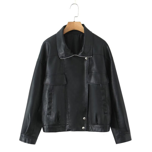 Fashionable synthetic leather jacket for women with practical flap pockets Amarae