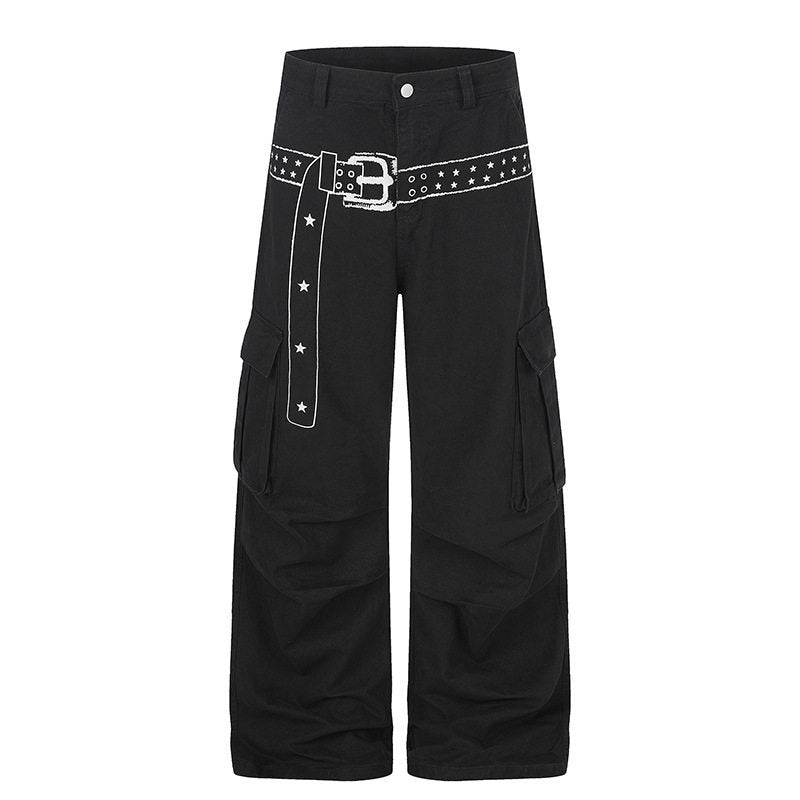 Women's cargo palazzo pants made of cotton blend with wide legs, patch flap pockets and belt print Amarae