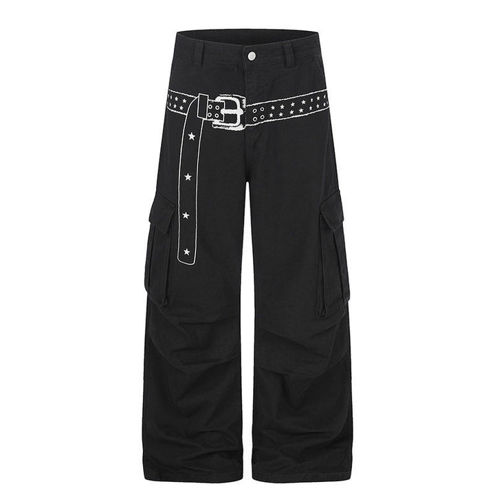 Women's cargo palazzo pants made of cotton blend with wide legs, patch flap pockets and belt print Amarae
