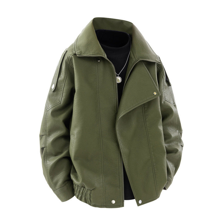 Trendy faux leather jacket for women with high collar and practical side pockets Lune London