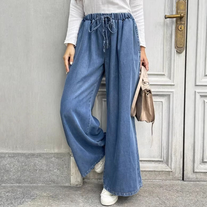 Women's Relaxed Palazzo Jeans with Drawstring Waist, Side Pockets and Extra Wide Leg Amarae