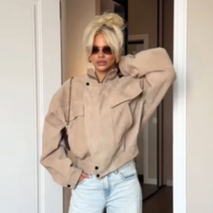 Women Oversize Suede Look Jacket with Flap Pockets and Stand-Up Collar Amarae