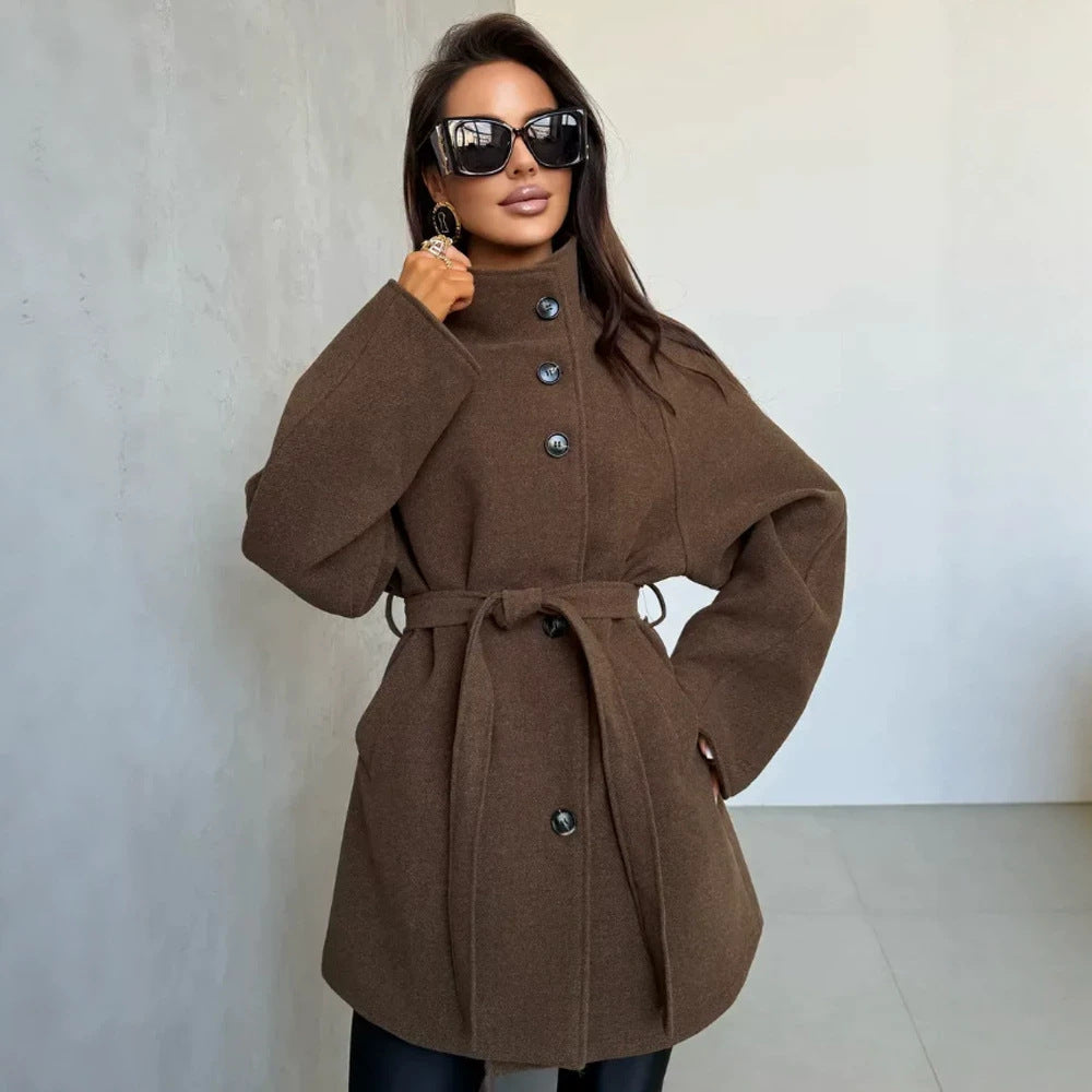Women's short coat in cocoon cut made of wool blend with oversized shawl collar and tie belt Amarae