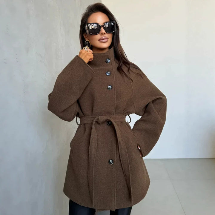 Women's short coat in cocoon cut made of wool blend with oversized shawl collar and tie belt Amarae