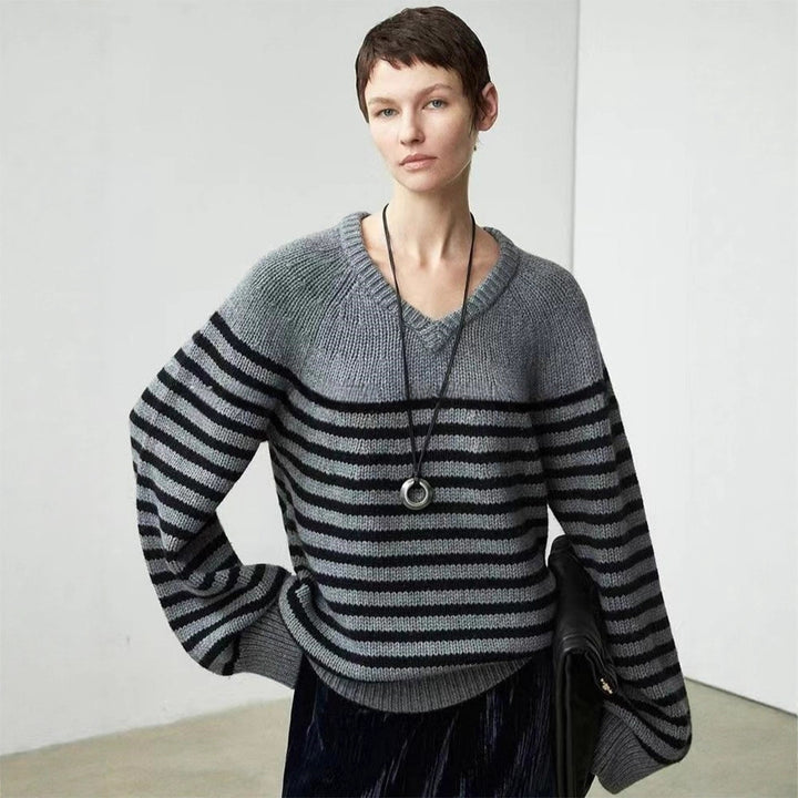 Pull décontracté à col en V pour femme avec rayures