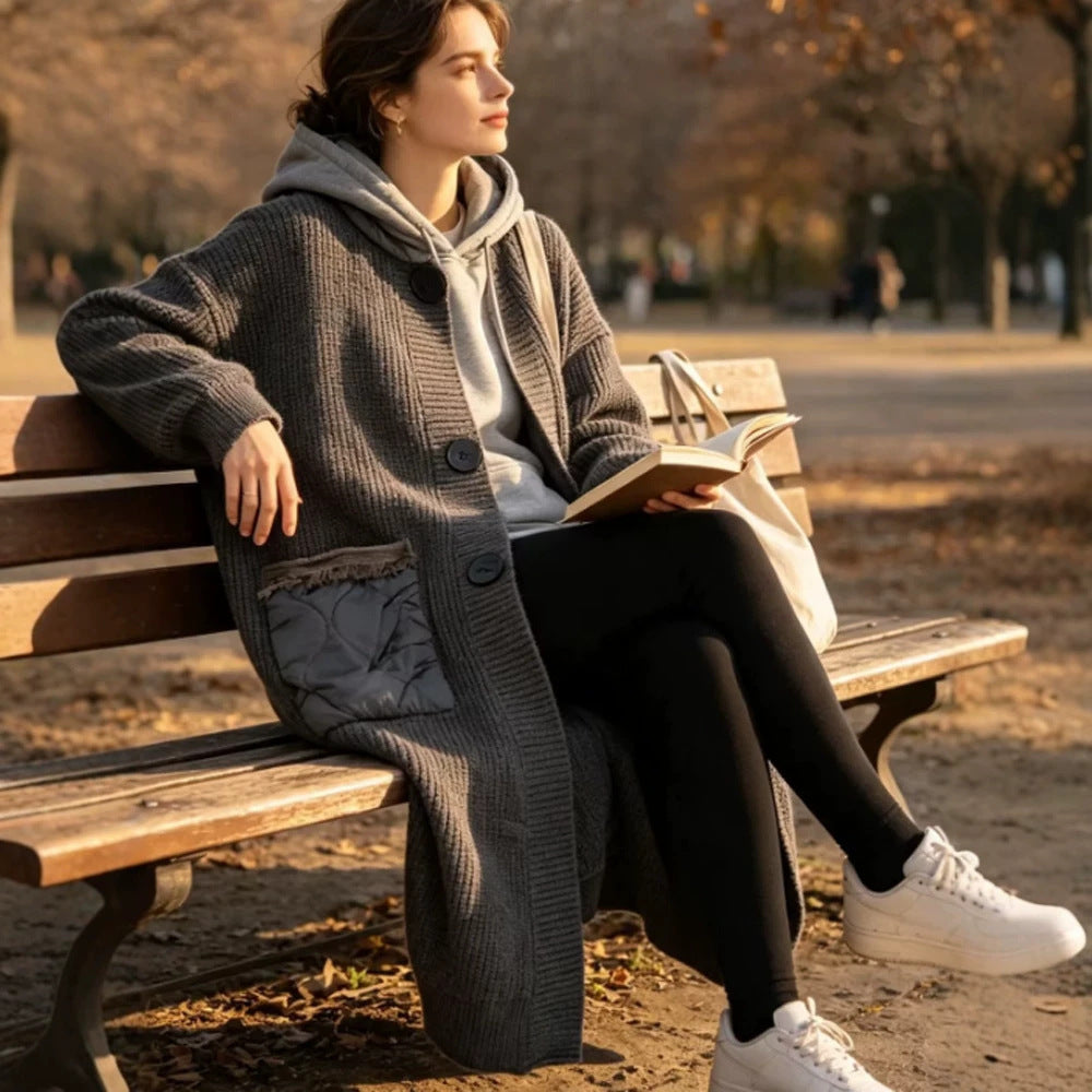 Women Longer Chunky Knit Coat with Hood, Ribbed Cuffs & Patch Pockets Amarae