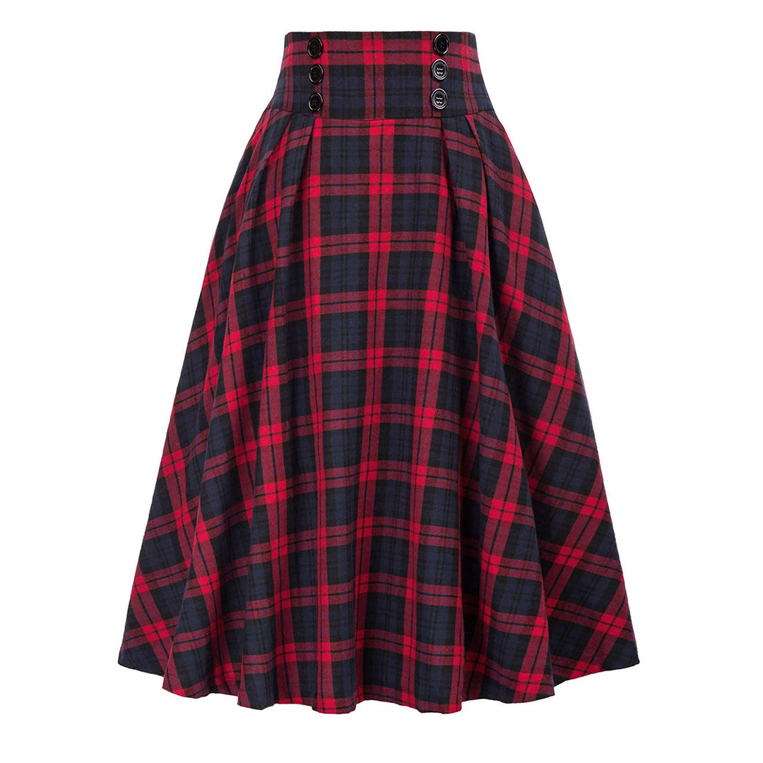 Women A-line Checkered Midi Skirt with Elastic Waistband Amarae
