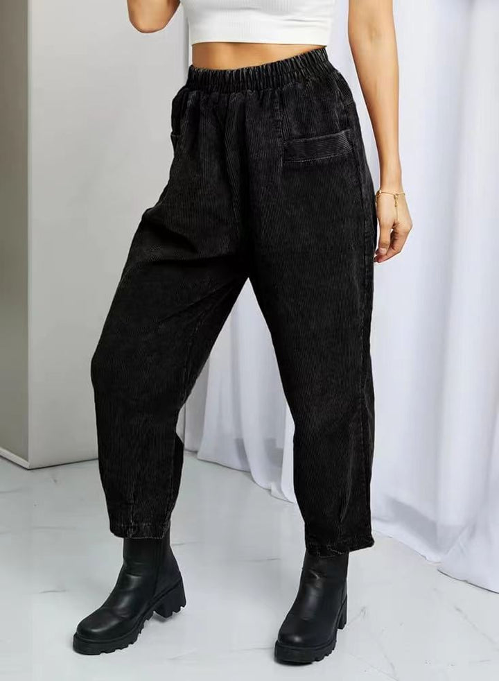 Ladies Comfortable Corduroy Leisure Pants with Elastic Waist and Pockets Lune London