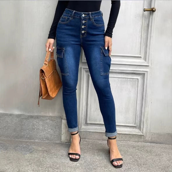 Women’s Waist-Shaping Slim Cargo Jeans with Decorative Button Placket Amarae
