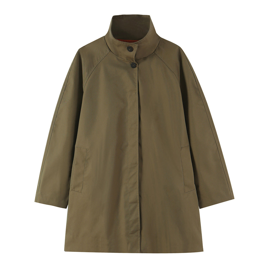 Women's Midi Length A-Line Transitional Coat with Stand-up Collar and Concealed Button Placket Amarae