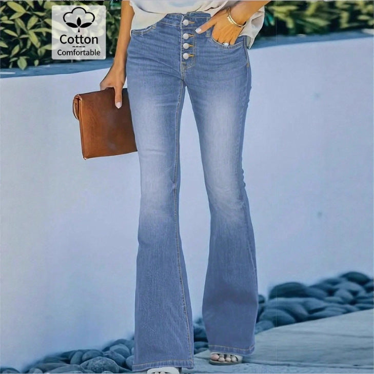 Ladies high-waisted flare jeans with decorative button placket and sculpting fit Amarae