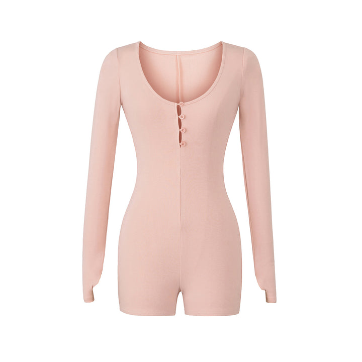 Women Fitted Long Sleeve Bodysuit with Button Placket and Short Shorts Amarae