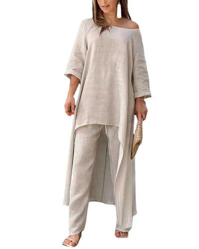 Asymmetrical elegant linen tunic set for women and Amarae pants