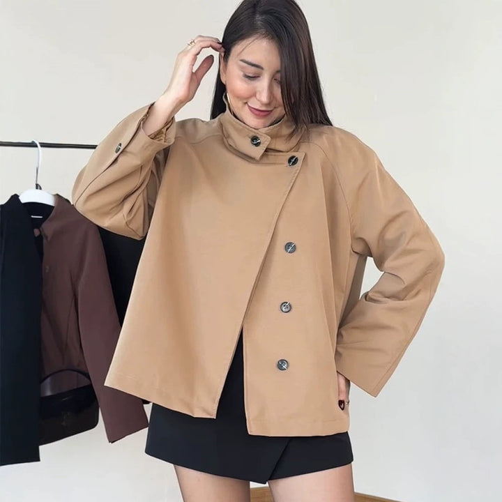 Women's short A-line coat jacket with stand-up collar and asymmetrical button placket Amarae