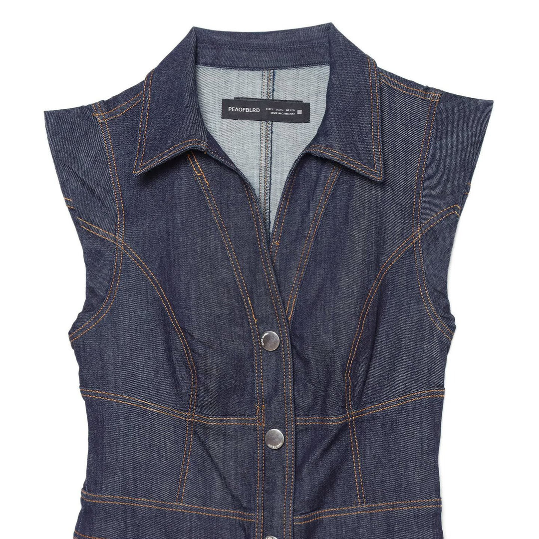 Women's Sleeveless Denim Maxi Dress with Shirt Collar, Tailored Silhouette and Continuous Snap Button Placket Amarae