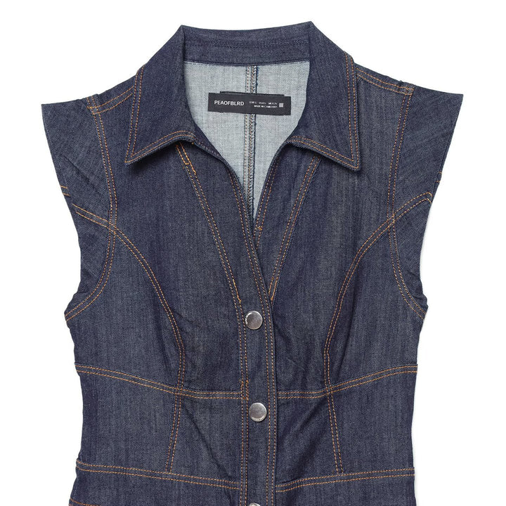 Women's Sleeveless Denim Maxi Dress with Shirt Collar, Tailored Silhouette and Continuous Snap Button Placket Amarae