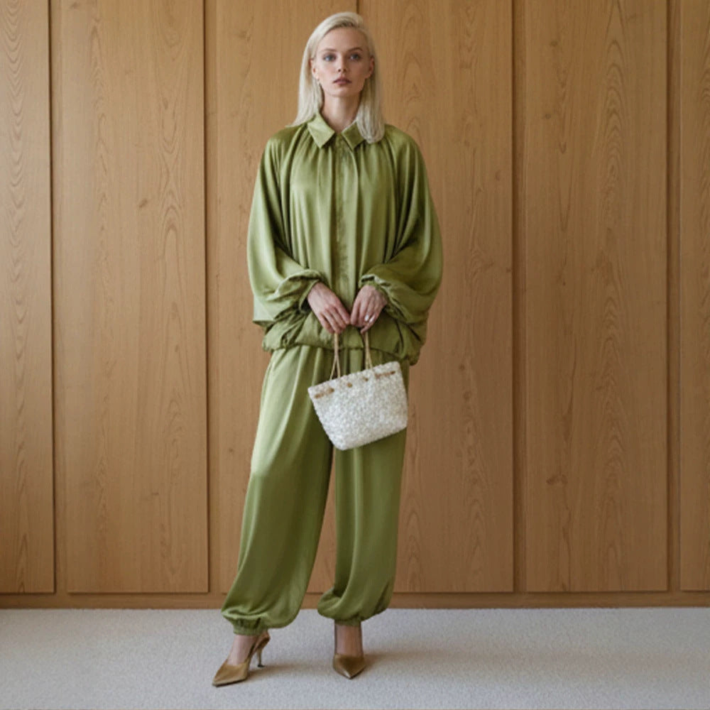 Women Elegant Satin Two-Piece Set with Oversize Blouse and Wide Palazzo Pants Amarae