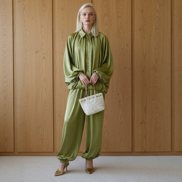 Women Elegant Satin Two-Piece Set with Oversize Blouse and Wide Palazzo Pants Amarae