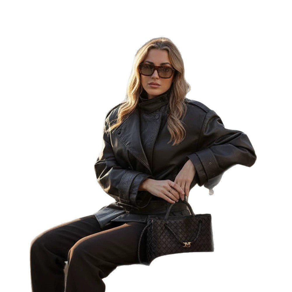 Women Oversized Leather Trench with Wide Waist Belt, Buckle Sleeves and Stand Collar Amarae