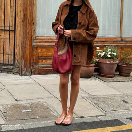 Oversized suede jacket for women with button details Lune London