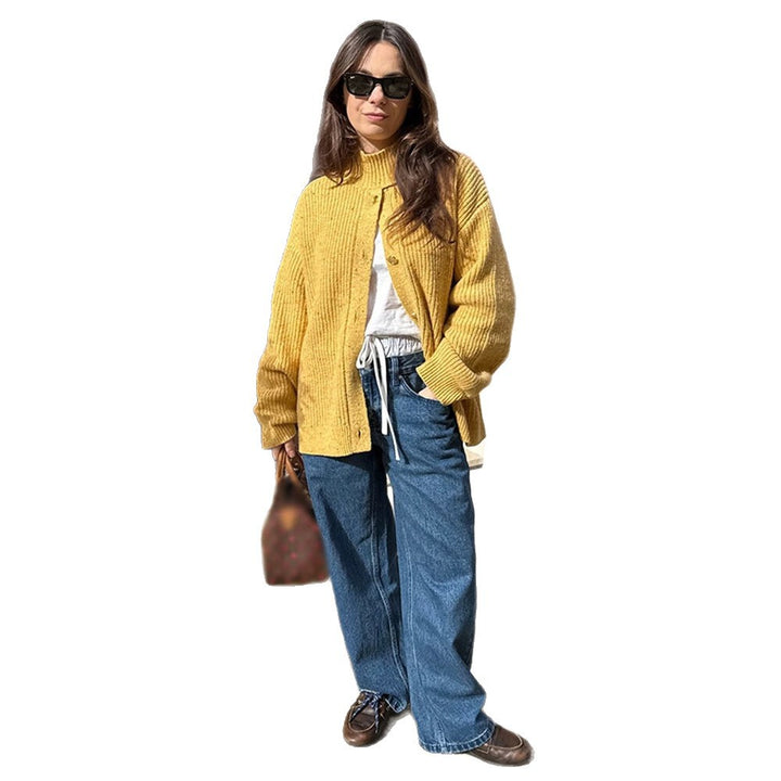 Women Oversize Cardigan with Rib Structure and Stand-Up Collar Amarae