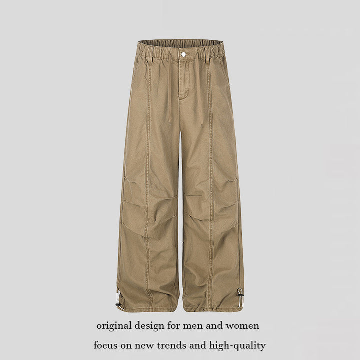 Women's Wide Canvas Cargo Palazzo Pants with Elastic Comfort Waistband and Adjustable Hem
