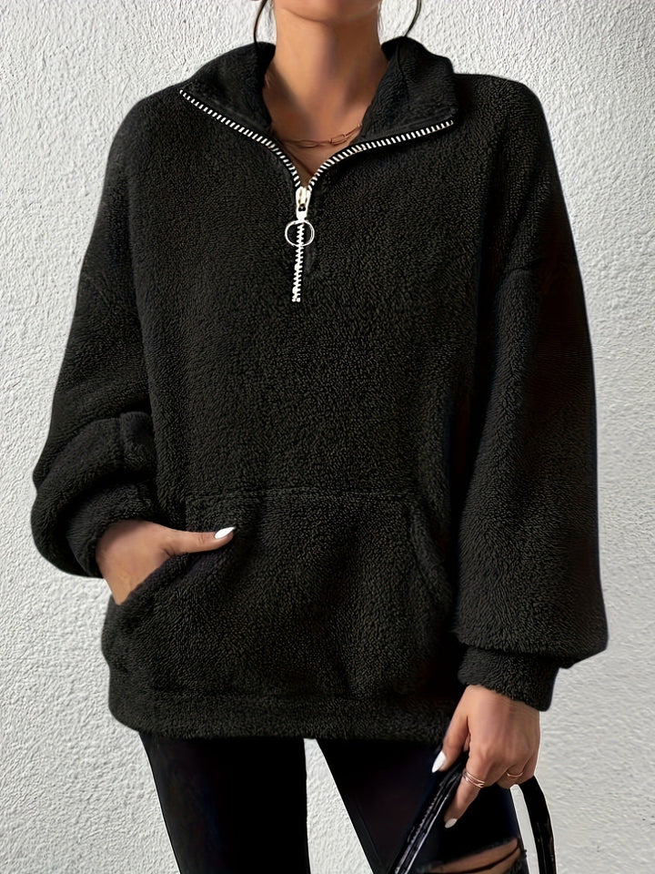 Women's Cozy Fleece Pullover with Half Zipper and Side Pockets Lune London