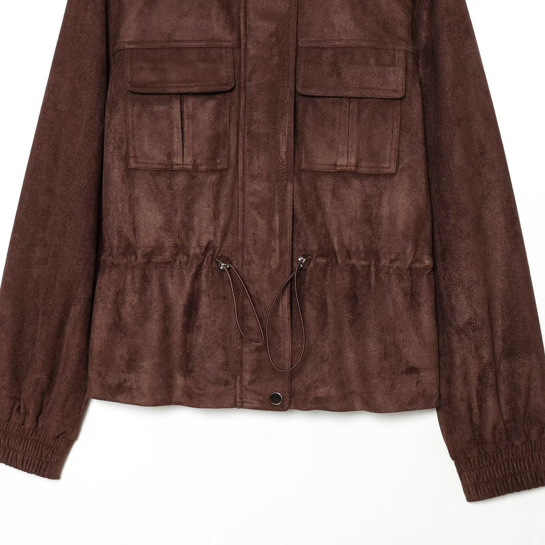 Ladies short jacket in field style made of suede leather look with stand-up collar, chest pockets, and drawstring Amarae