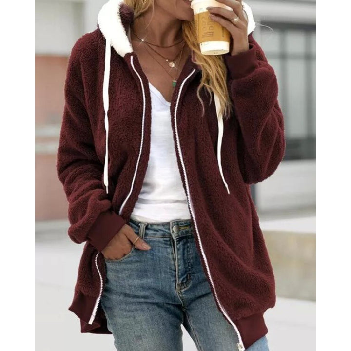 Women's Oversized Sherpa Zip Jacket with Contrast Collar, Ribbed Cuffs, and Drawstring Amarae
