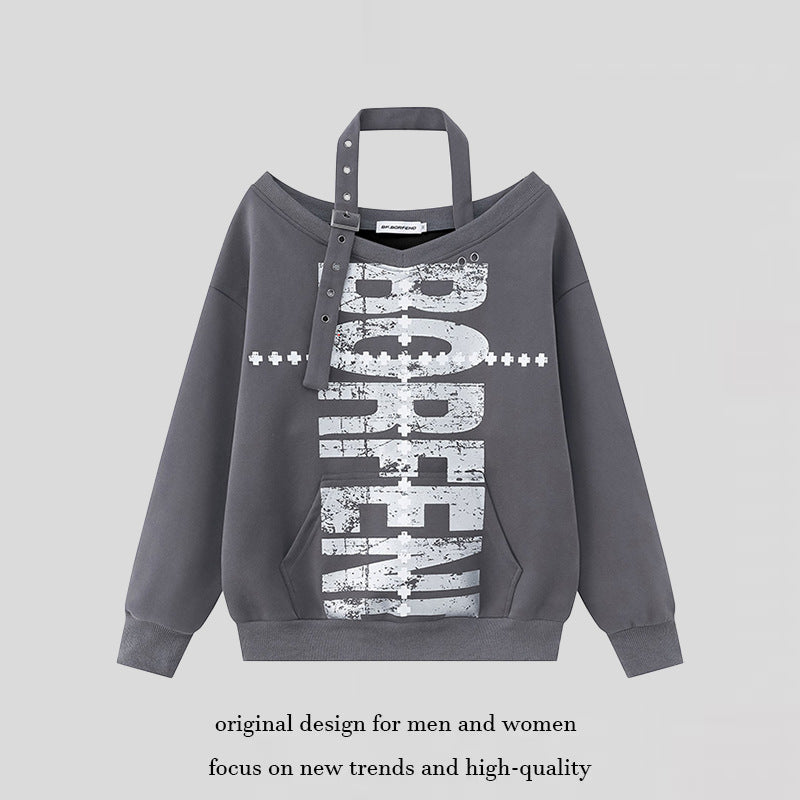 Women's oversized sweatshirt with asymmetrical strap, kangaroo pocket and large lettering Amarae