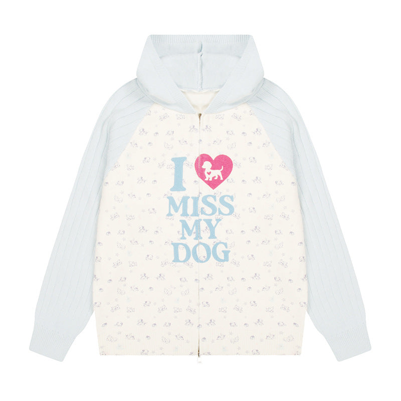 Women's hoodie cardigan with full zip, ribbed sleeves, and dog statement print Amarae