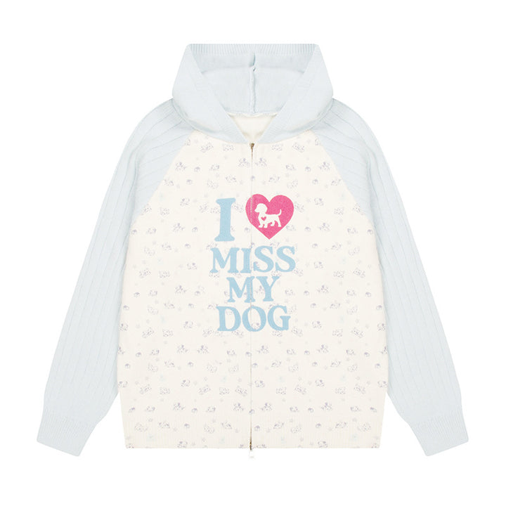 Women's hoodie cardigan with full zip, ribbed sleeves, and dog statement print Amarae