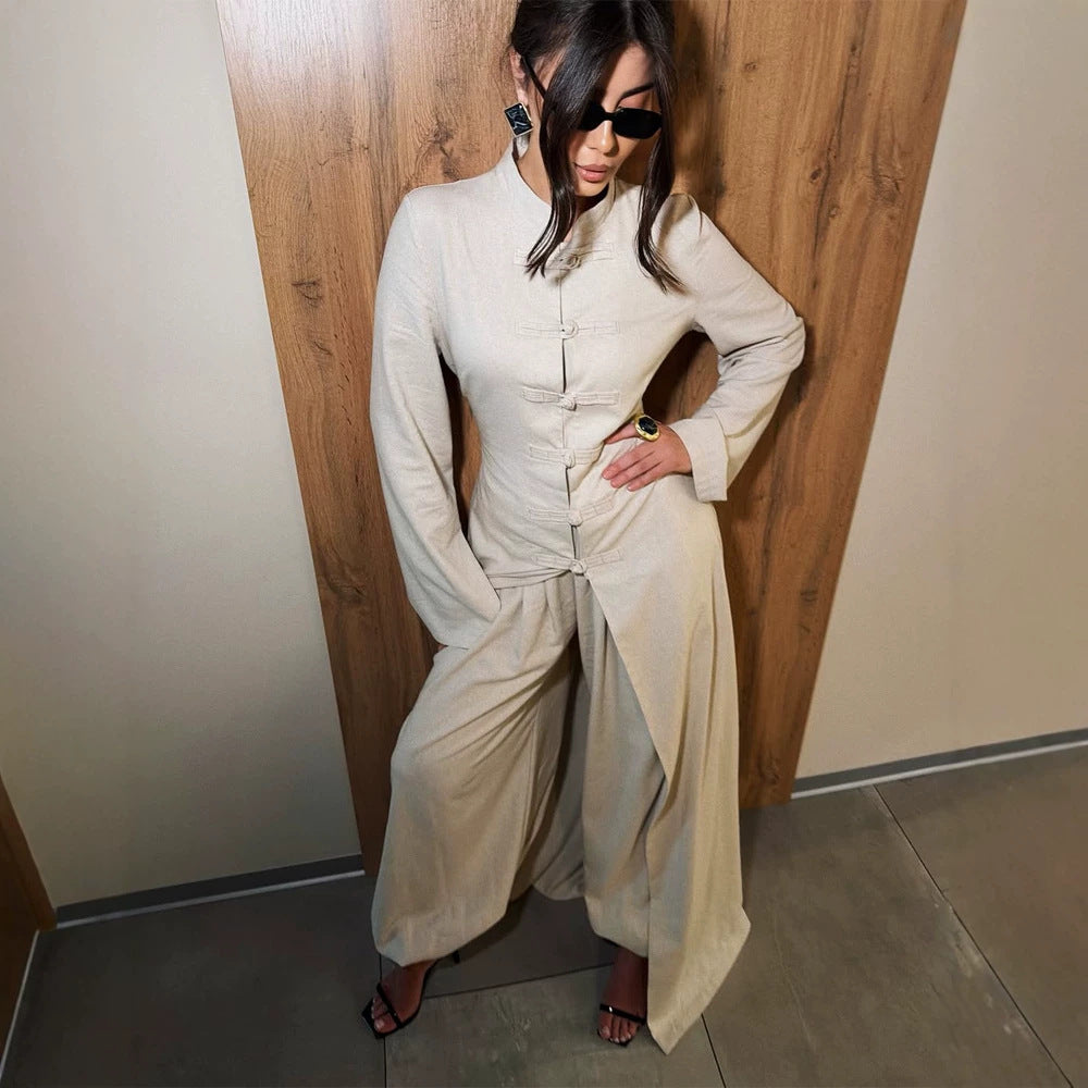 Ladies maxi dress with stand collar, mandarin button placket and draped skirt Amarae